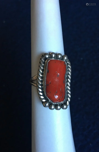 A Signed Native America Coral Silver Ring,#6.5