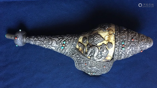 A Large Tibet Conch w/ Silver caving & GEM Decoration,