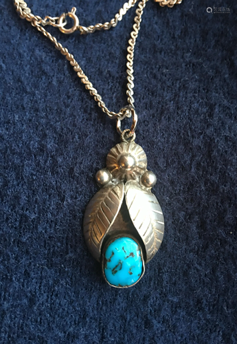 A Silver Turquoise Pendant w/ Necklace, PL, 1.5?