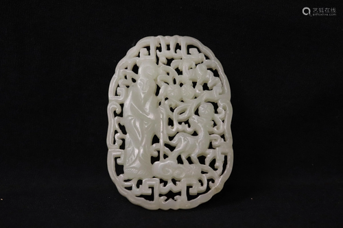 Old Handwork Hetian white jade two-side-carved plaque,