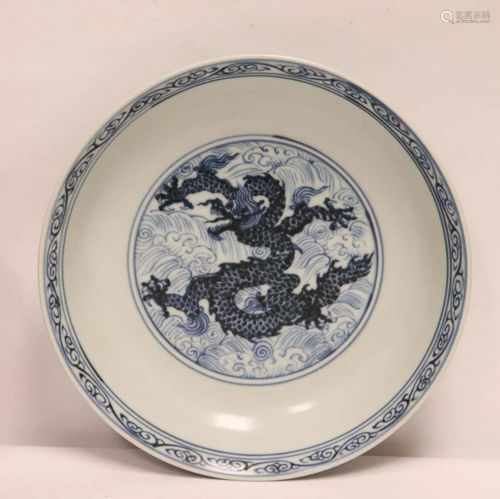 Chinese blue and white porcelain plate in Dragon Patton