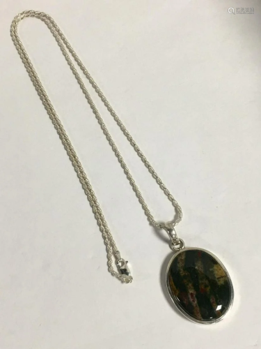 Sterling Necklace w/Large Multi-color Stone Pendant