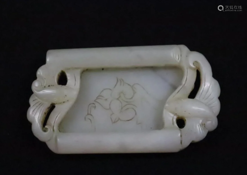 Chinese white jade carved dish with calligraphy, 2.75