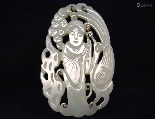 A Large white jade carving depicting figure with phoeni