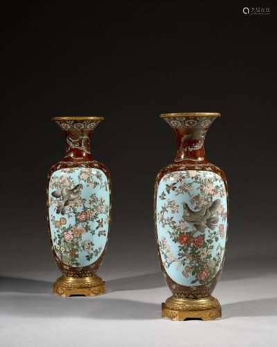 PAIR OF LARGE WALL VASES ASSEMBLED IN BRONZE, Japa…