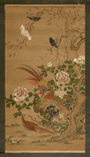 TWO INK AND COLOUR ROLLER PAINTINGS ON SILK, Japan…