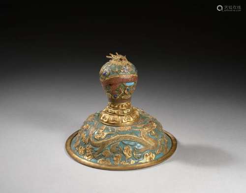 GOLDEN BRONZE AND BLUE ENAMELED COVER, China, Qing…