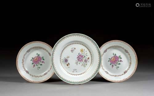 PAIR OF PLACES AND A PINK PORCELAIN PLATE ROSE FAM…