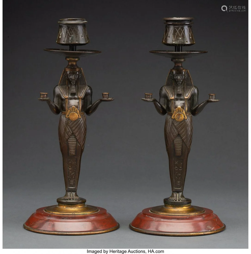 63202: A Pair of Egyptian Revival Bronze Figural Candle