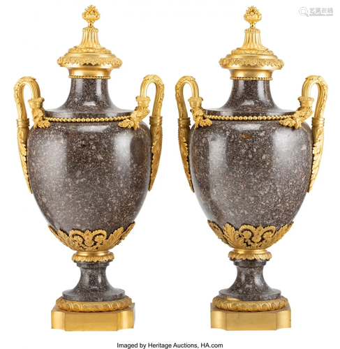 63111: A Pair of French Gilt Bronze Mounted Porphyry Va