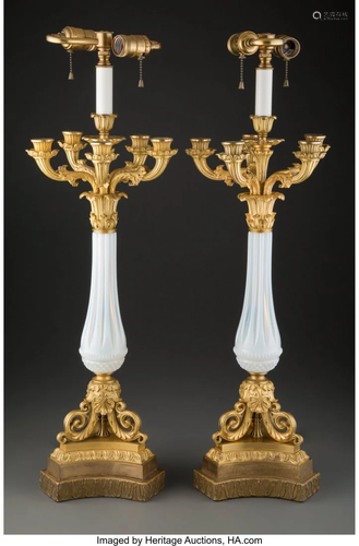 63093: A Pair of Empire-Style Gilt Bronze and Opaline G