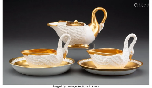 63261: Three French Swan-Form Partial Gilt Bisque Porce