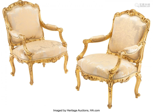 63094: A Pair of French Louis XV-Style Giltwood Fauteui