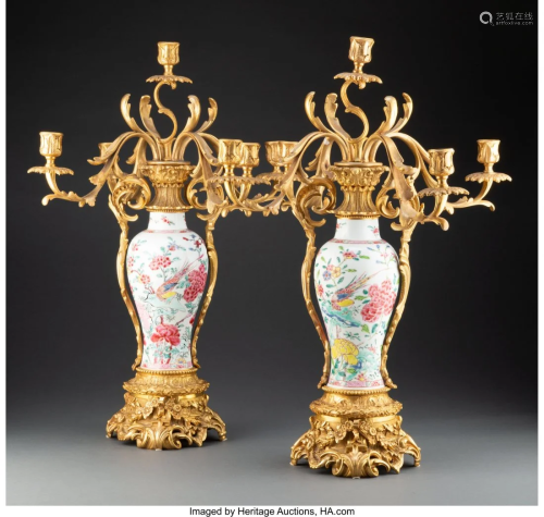 63021: A Pair of Gilt Bronze Mounted Chinese Porcelain