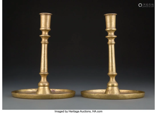 63144: A Pair of Continental Brass Candlesticks, 18th c