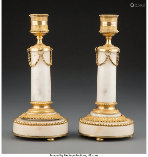 63129: A Pair of French Louis XVI-Style Marble Candlest