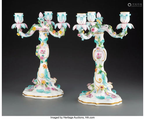 63287: A Pair of Meissen Porcelain Three-Light Candelab