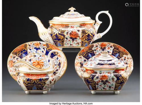 63317: A Five-Piece Derby Porcelain Kings Pattern Tea S