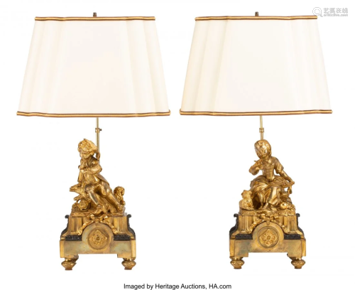 63011: A Pair of French Gilt Bronze Figural Lamps, late