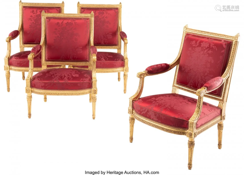 63126: A Set of Four Louis XVI-Style Gilt Wood Fauteuil