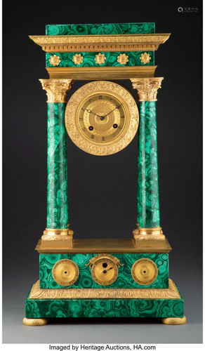 63114: A French Malachite and Gilt Bronze Portico Clock