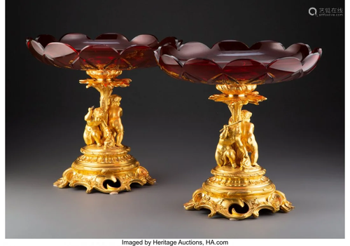 63032: A Pair of Continental Gilt Bronze and Ruby Glass