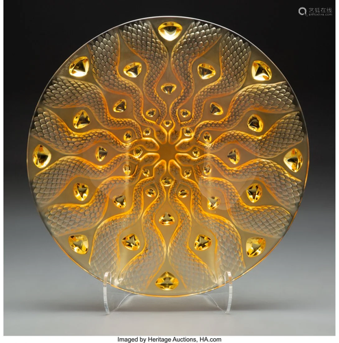 63156: A Lalique Serpents Amber Glass Bowl in Original