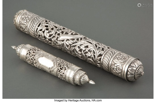 63079: Two Iranian Silver Scroll Cases, mid-20th centur