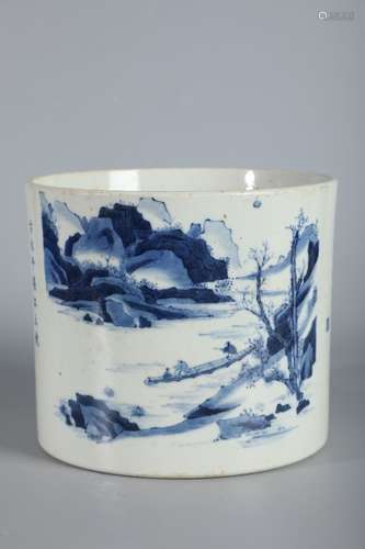 A Porcelain Blue&White Landscape Brush Pot With Mark