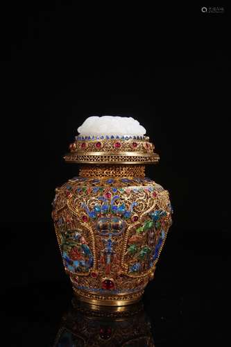 Gilt Silver Enamebling Blue Hetian Jade Vase