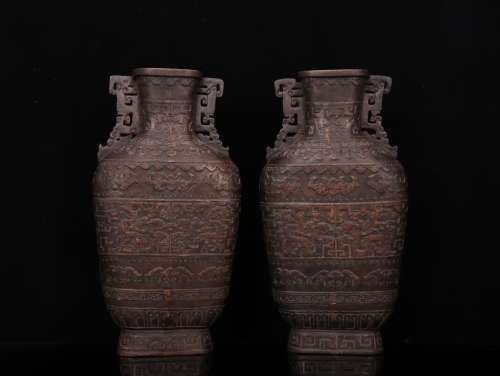 Pair Of Agarwood Dragon Carved Vases
