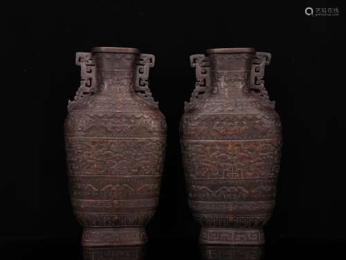 Pair Of Agarwood Dragon Carved Vases