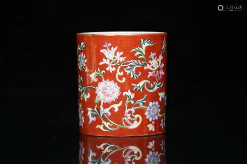 A Porcelain Famille Rose Floral Brush Pot