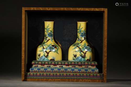 Pair Of Porcelain Three-Colored Floral Zun Vases