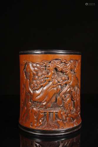 A Bamboo Rosewood Story Carved Brush Pot