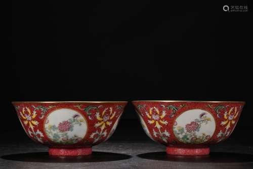 Pair Of Porcelain Floral&Bird Bowls With Mark