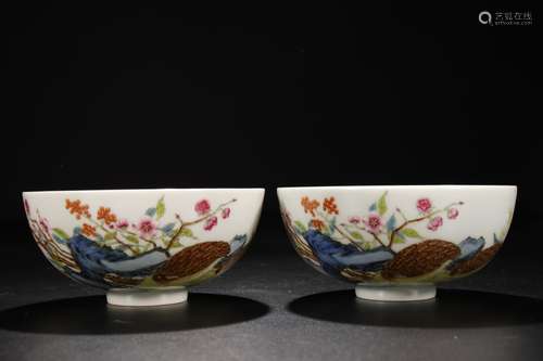 Pair Of Porcelain Enameled Bowls With Mark