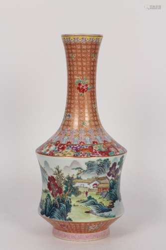 A Porcelain Famille Rose Landscape Vase With Gold Painting