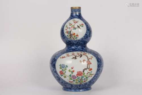 A Porcelain Blue&White Floral&Bird Gourd Vase