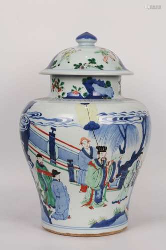 A Porcelain Blue&White Doucai Figure-Story Jar With Lid