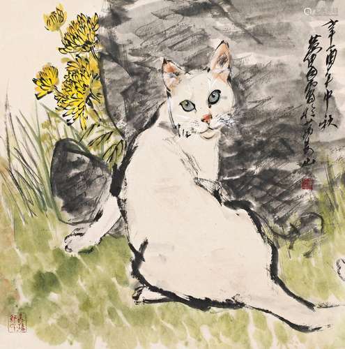 黄胄(1925-1997) 丛菊白猫