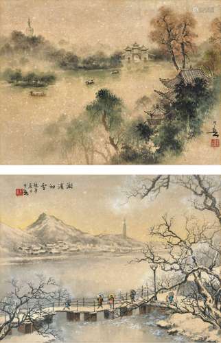 黄幻吾(1906-1985) 湖景二帧