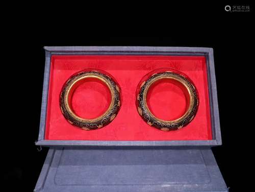 Pair Of Agarwood Gilt Silver Bangles With Pattern