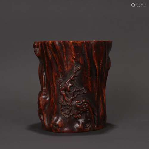 An Agarwood Plum Brush Pot