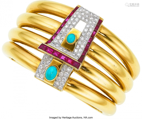 55030: Diamond, Ruby, Turquoise, Platinum, Gold Bracele