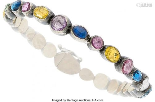 55253: Multi-Color Sapphire, Silver-Topped Gold Bracele