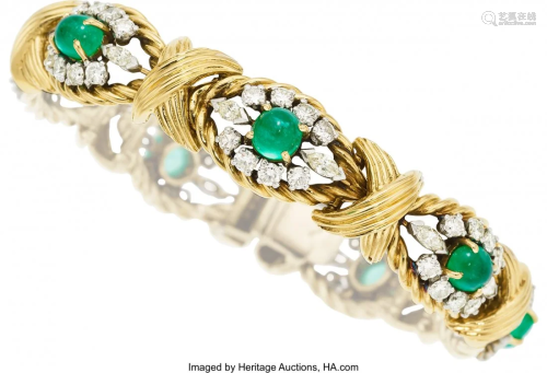 55262: Emerald, Diamond, Platinum, Gold Bracelet, Frenc