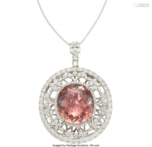 55175: Pink Tourmaline, Diamond, White Gold Pendant-Nec