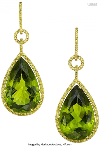 55043: Peridot, Colored Diamond, Gold Earrings, David M