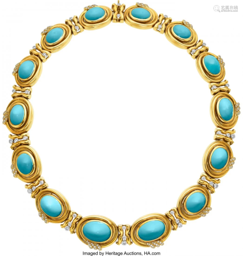 55155: Diamond, Turquoise, Platinum, Gold Necklace The